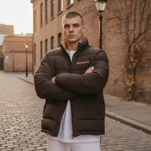 Timberland Men's Puffer Jacket Brown Full Zip Quilted Insulated 3XL  BT Y2K